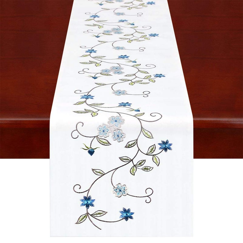 Simhomsen Double Thickness Rustic Embroidered Floral Table Runners for Spring and Summer, Dresser Scarf (Blue, 14 Ã— 70 Inch) - Image 1
